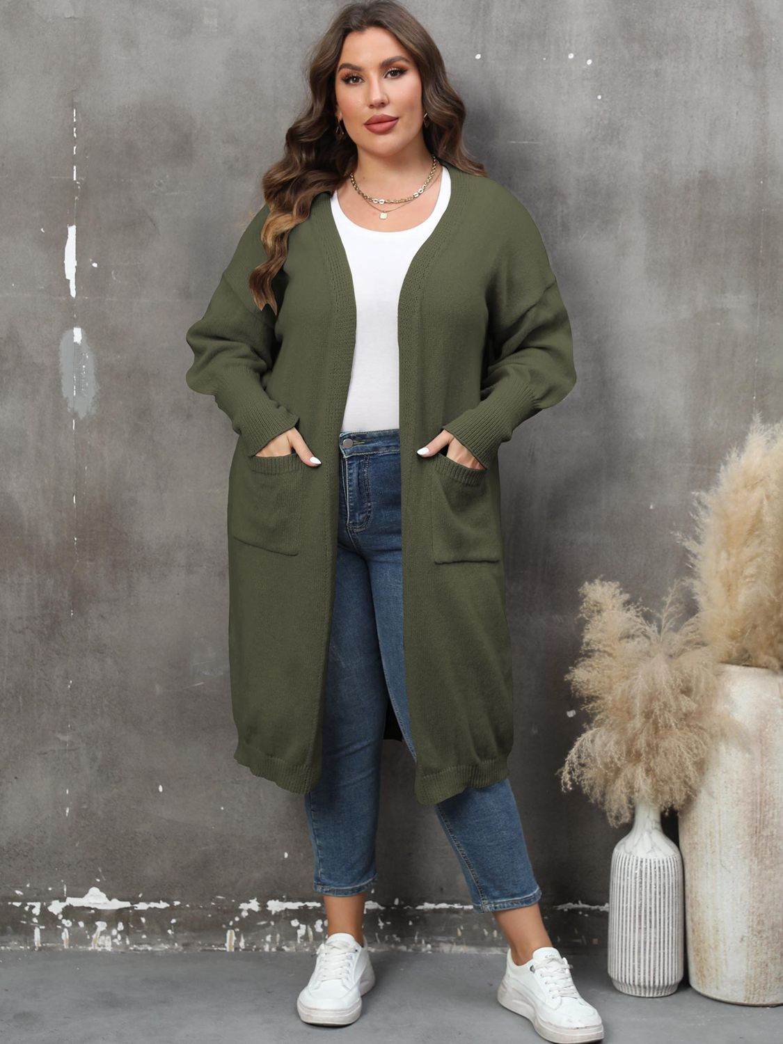 Plus Size Long Sleeve Pocketed Cardigan - Rosey's Creations