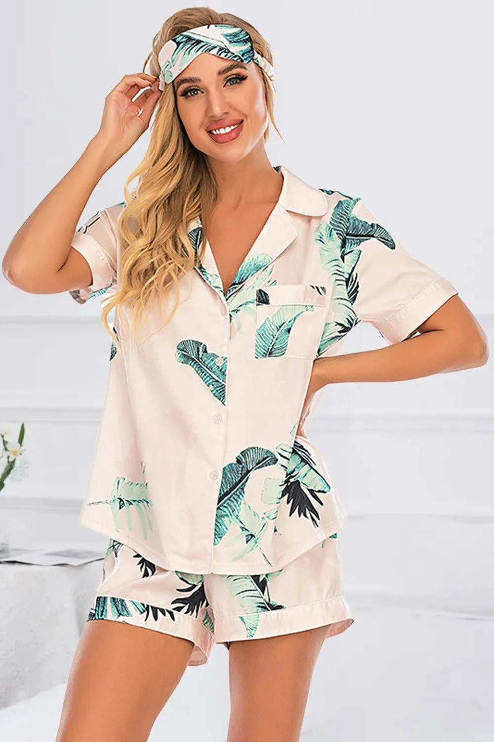 Printed Button Up Short Sleeve Top and Shorts Lounge Set - Rosey's Creations
