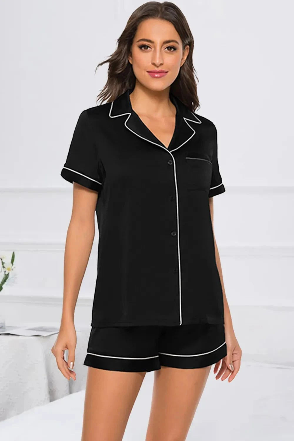 Printed Button Up Short Sleeve Top and Shorts Lounge Set - Rosey's Creations