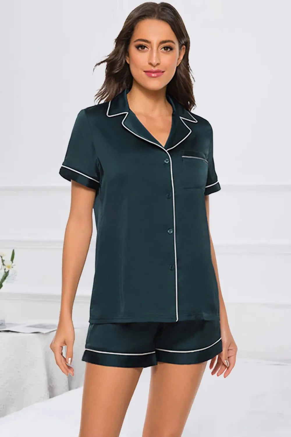 Printed Button Up Short Sleeve Top and Shorts Lounge Set - Rosey's Creations
