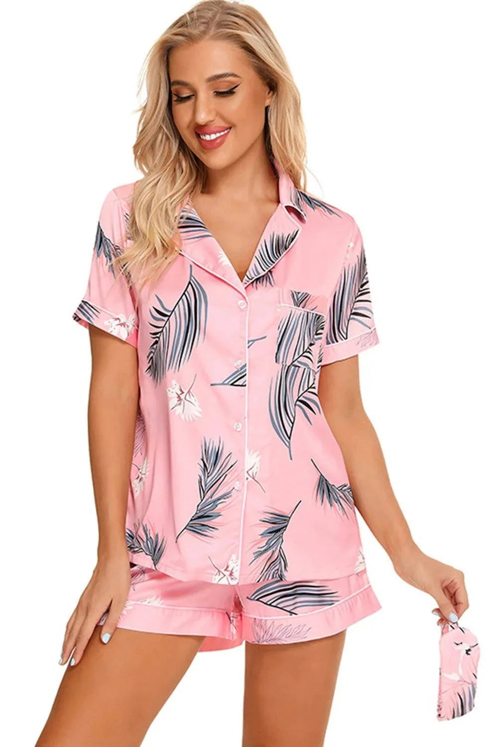 Printed Button Up Short Sleeve Top and Shorts Lounge Set - Rosey's Creations
