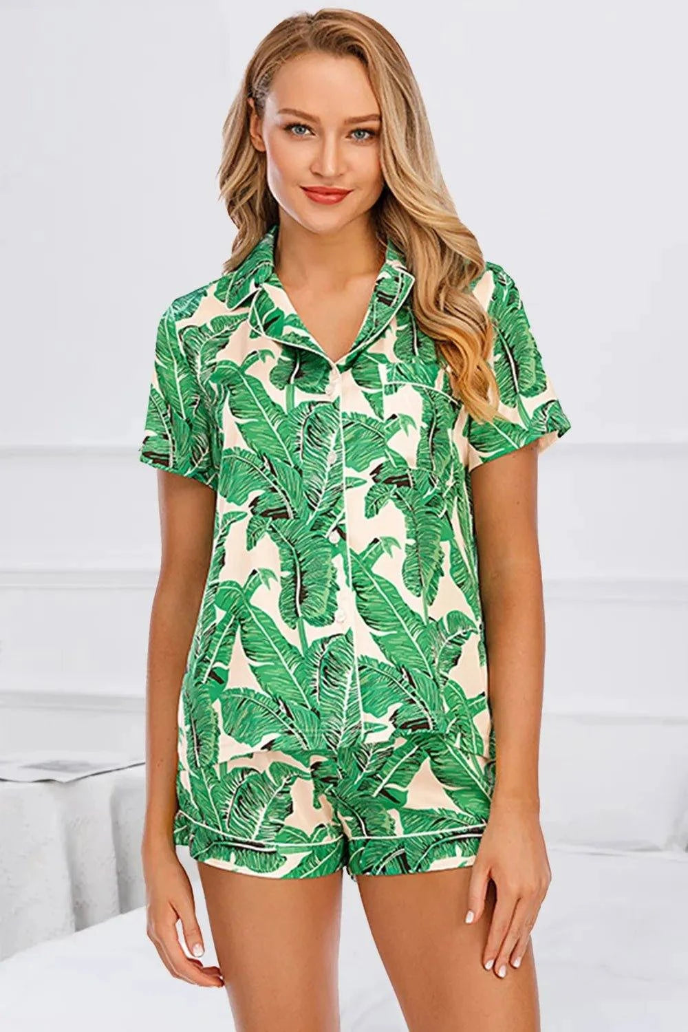 Printed Button Up Short Sleeve Top and Shorts Lounge Set - Rosey's Creations
