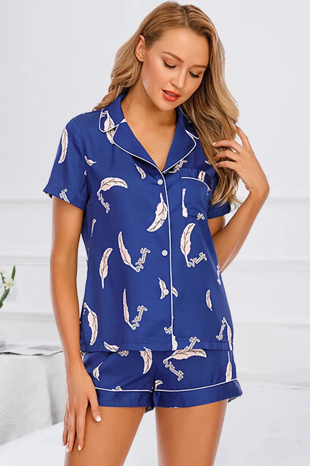 Printed Button Up Short Sleeve Top and Shorts Lounge Set - Rosey's Creations