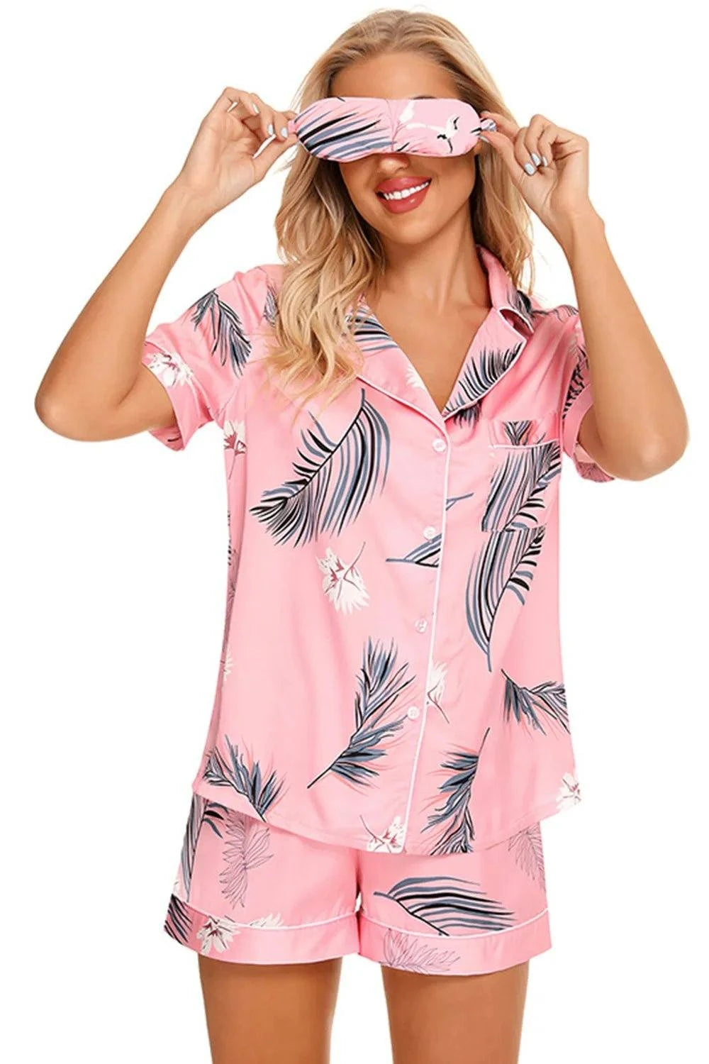 Printed Button Up Short Sleeve Top and Shorts Lounge Set - Rosey's Creations