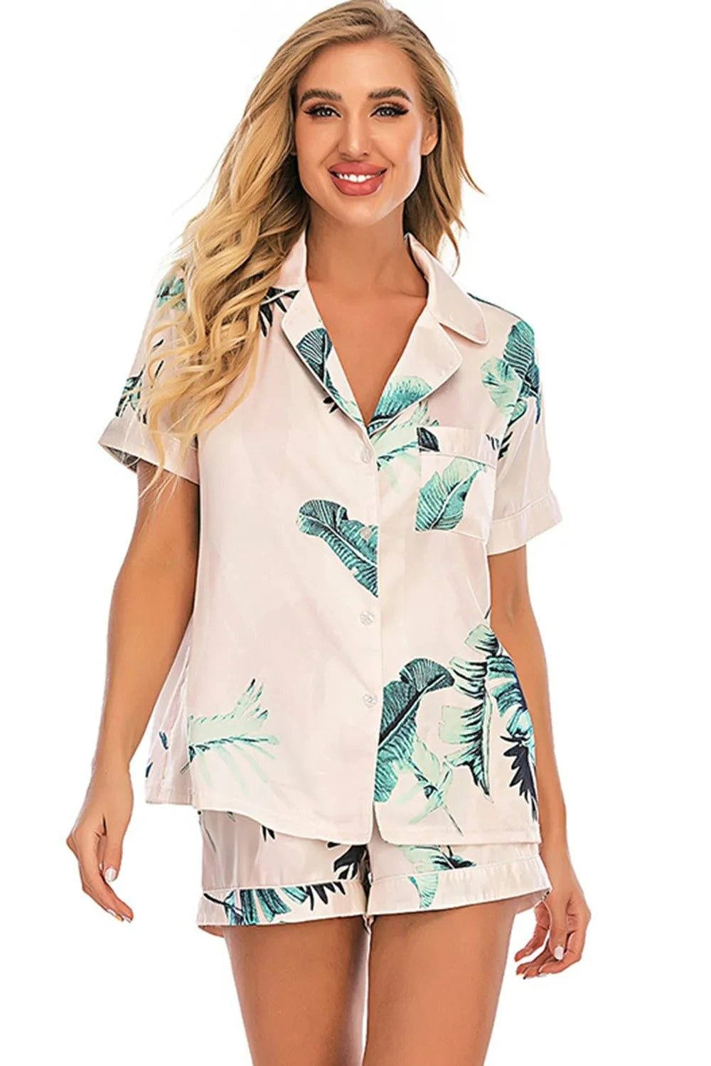 Printed Button Up Short Sleeve Top and Shorts Lounge Set - Rosey's Creations