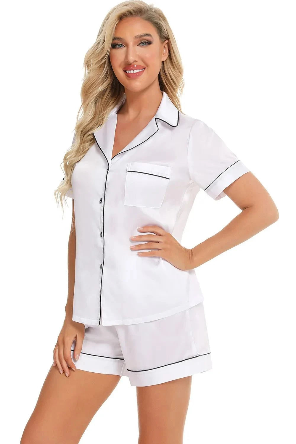 Printed Button Up Short Sleeve Top and Shorts Lounge Set - Rosey's Creations