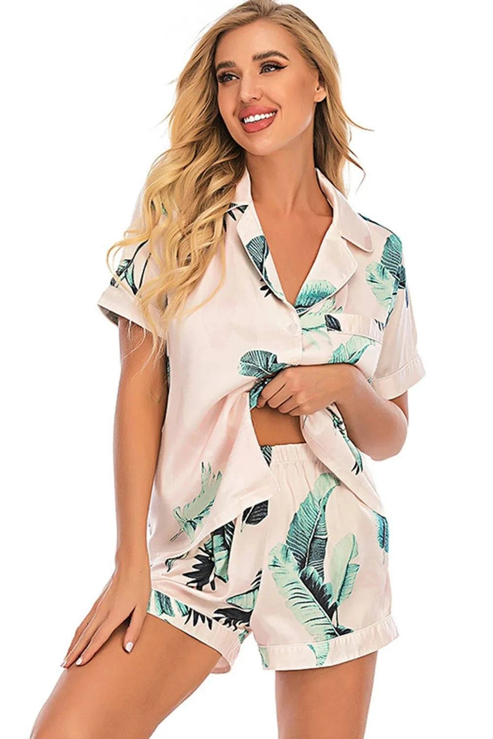 Printed Button Up Short Sleeve Top and Shorts Lounge Set - Rosey's Creations