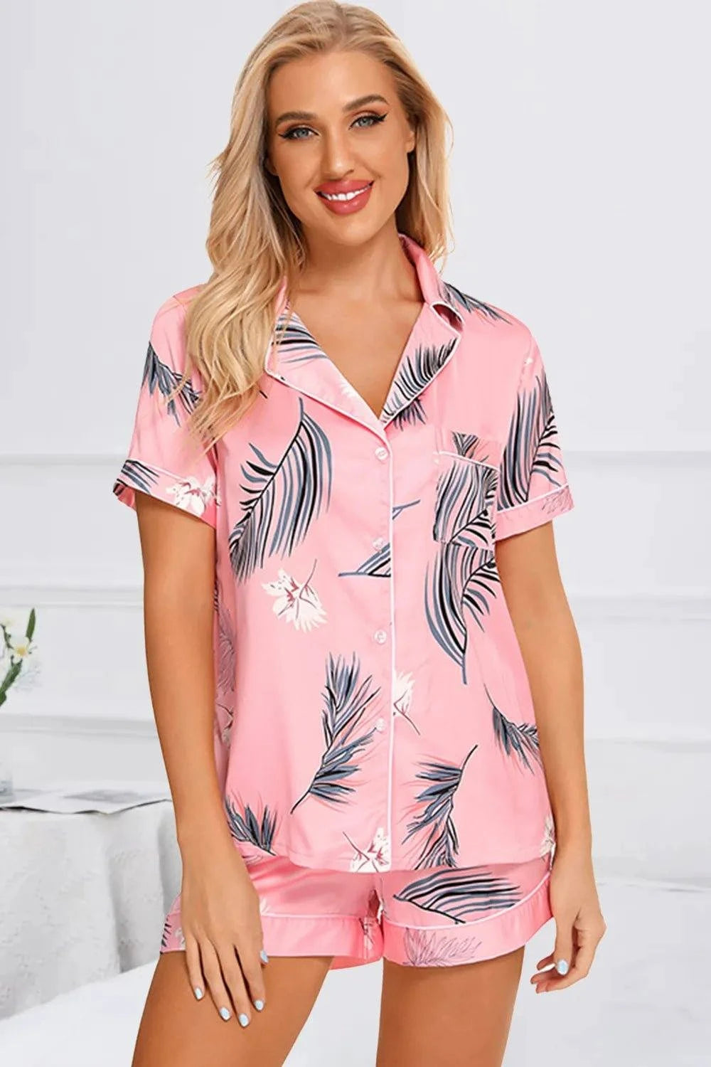 Printed Button Up Short Sleeve Top and Shorts Lounge Set - Rosey's Creations
