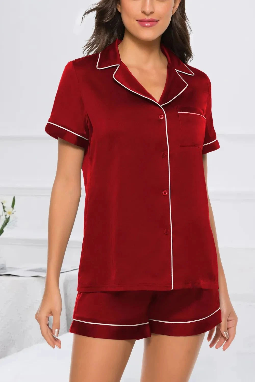 Printed Button Up Short Sleeve Top and Shorts Lounge Set - Rosey's Creations