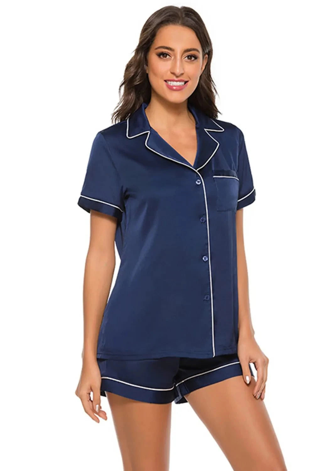 Printed Button Up Short Sleeve Top and Shorts Lounge Set - Rosey's Creations