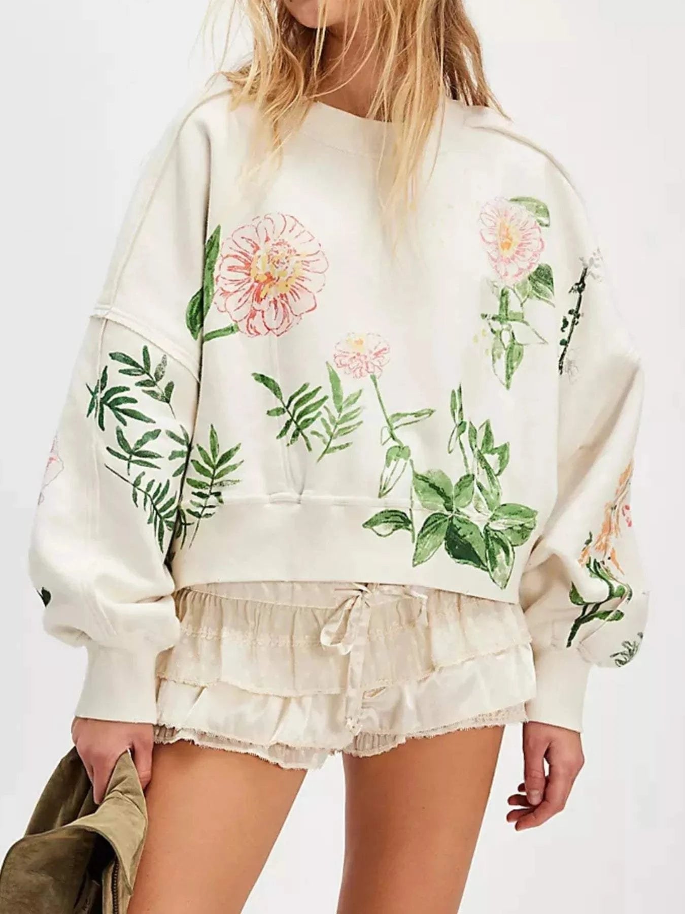 Printed Round Neck Dropped Shoulder Sweatshirt - Rosey's Creations