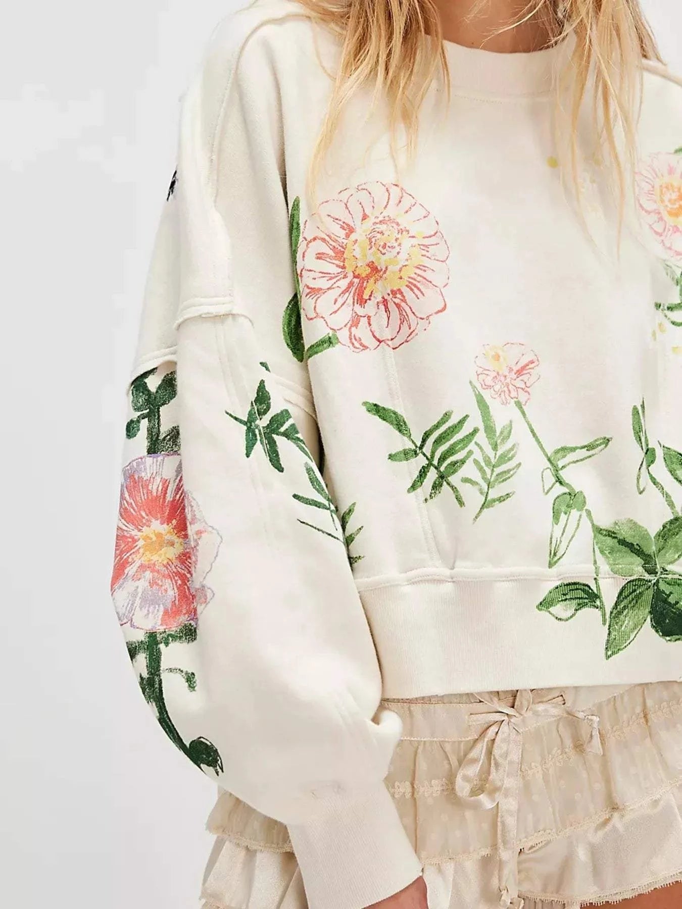 Printed Round Neck Dropped Shoulder Sweatshirt - Rosey's Creations