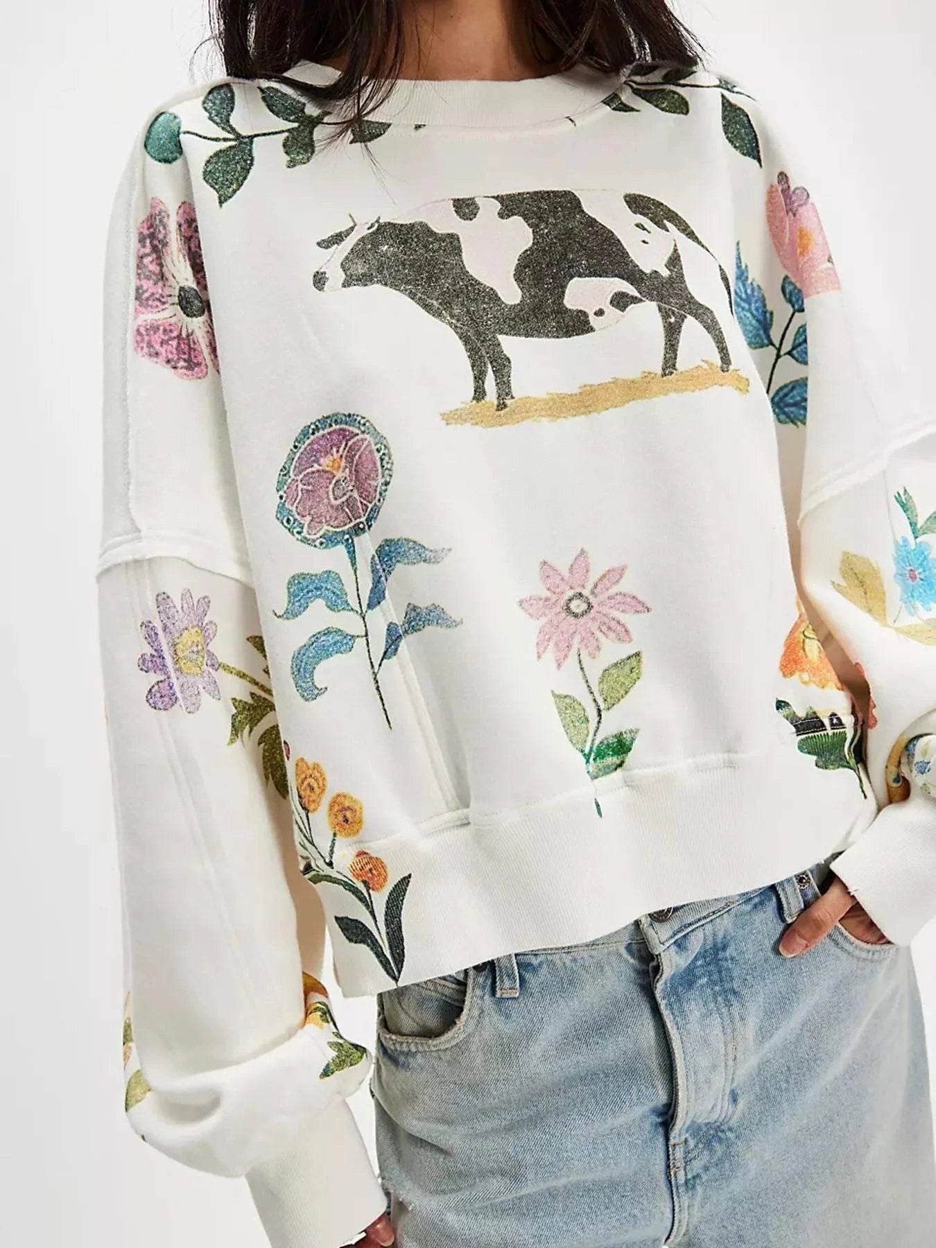 Printed Round Neck Dropped Shoulder Sweatshirt - Rosey's Creations