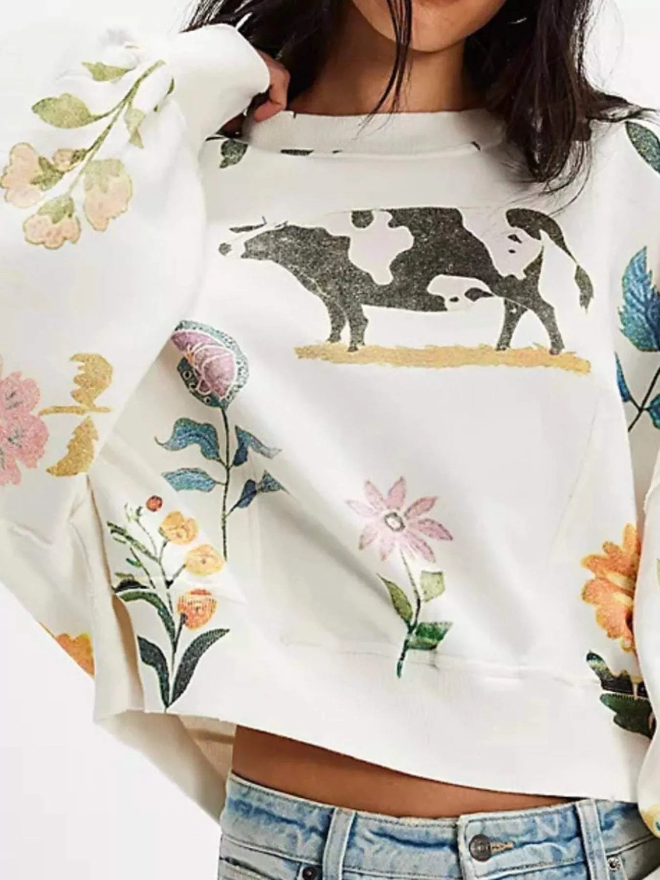Printed Round Neck Dropped Shoulder Sweatshirt - Rosey's Creations