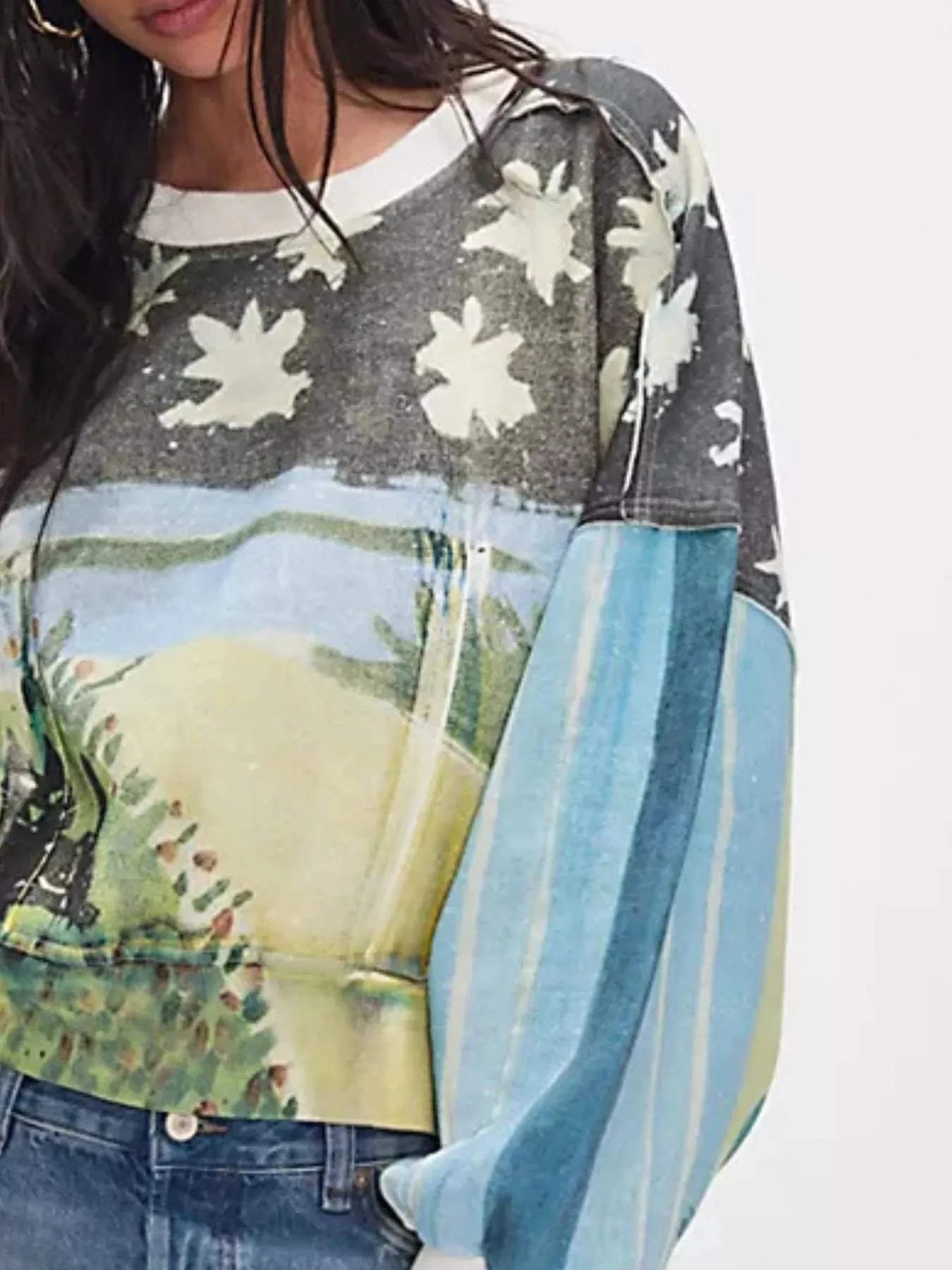 Printed Round Neck Dropped Shoulder Sweatshirt - Rosey's Creations