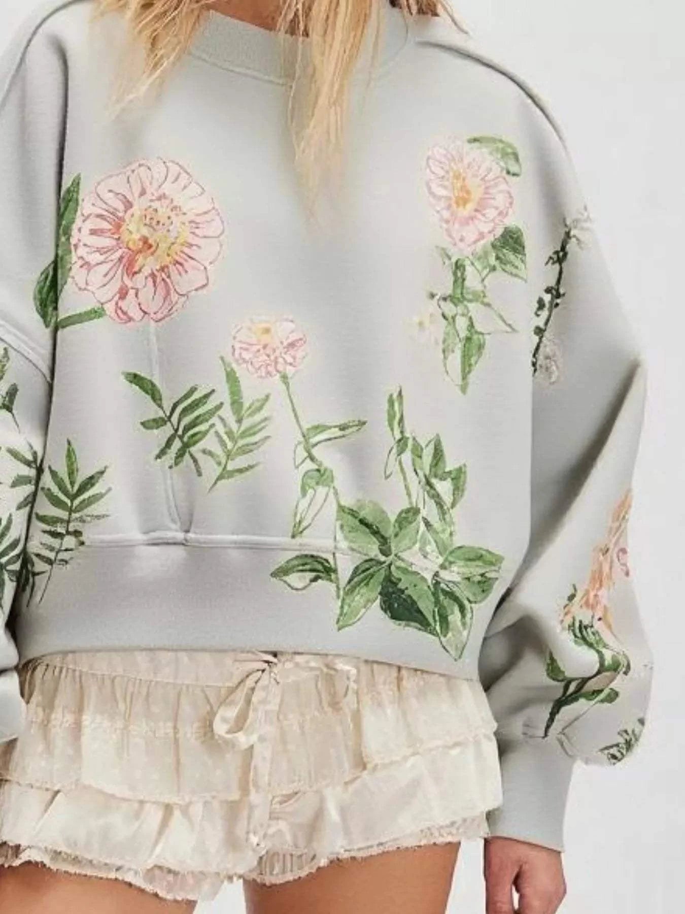 Printed Round Neck Dropped Shoulder Sweatshirt - Rosey's Creations