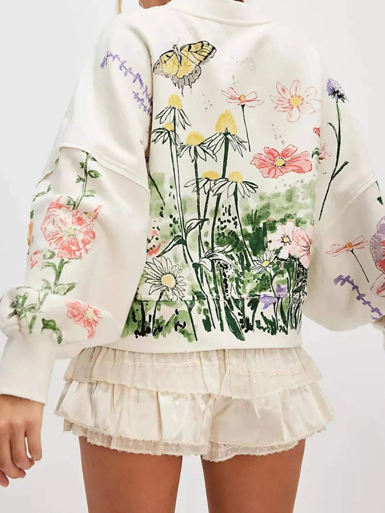 Printed Round Neck Dropped Shoulder Sweatshirt - Rosey's Creations