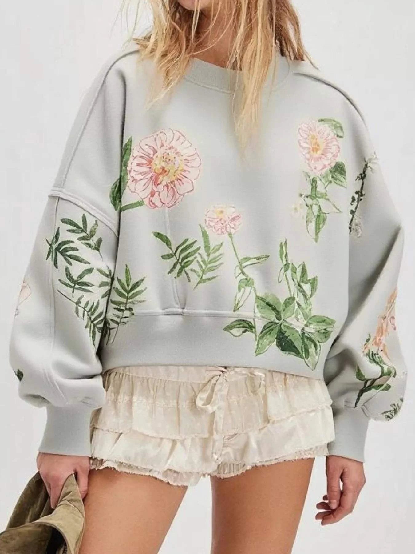 Printed Round Neck Dropped Shoulder Sweatshirt - Rosey's Creations