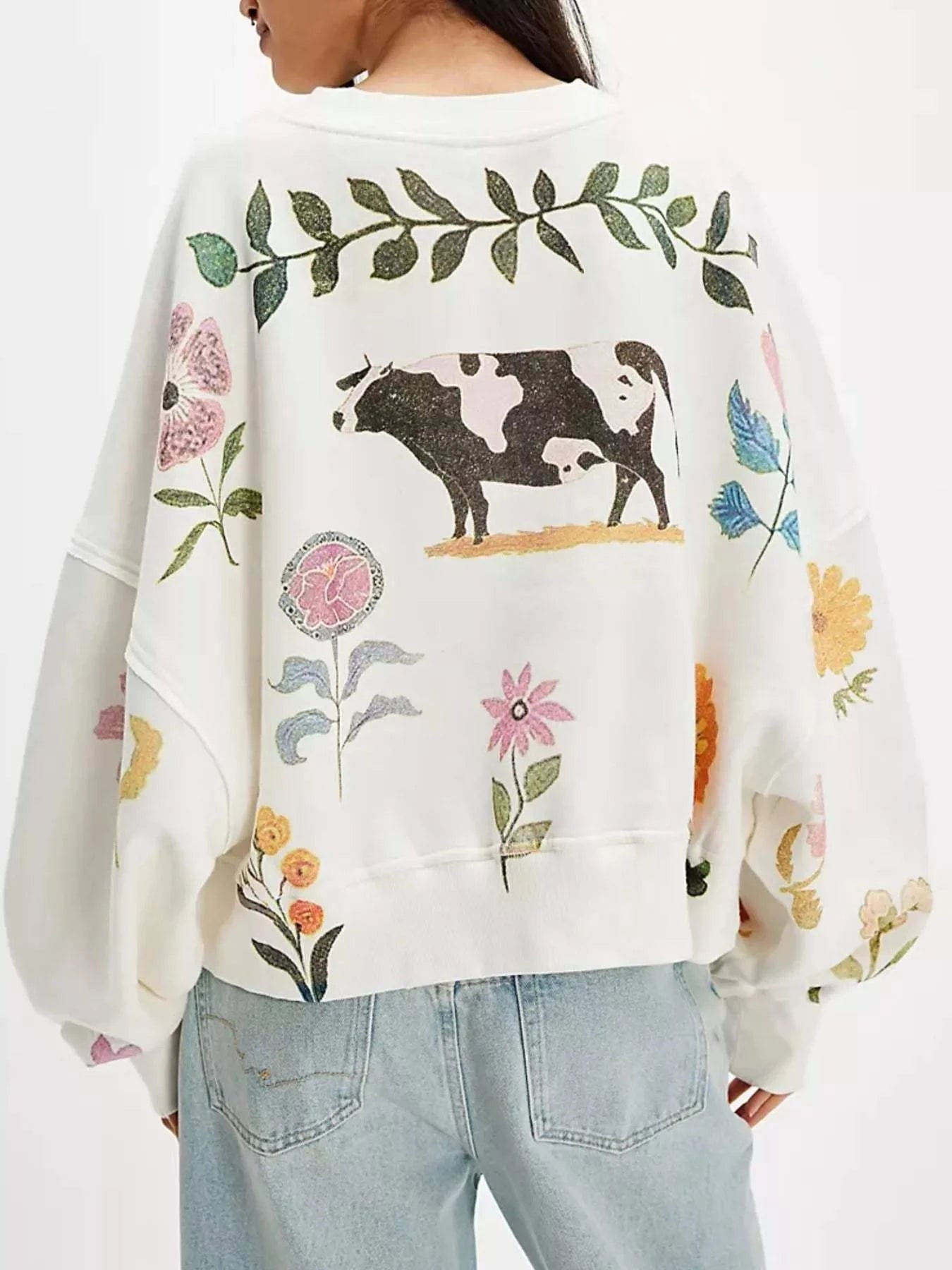 Printed Round Neck Dropped Shoulder Sweatshirt - Rosey's Creations