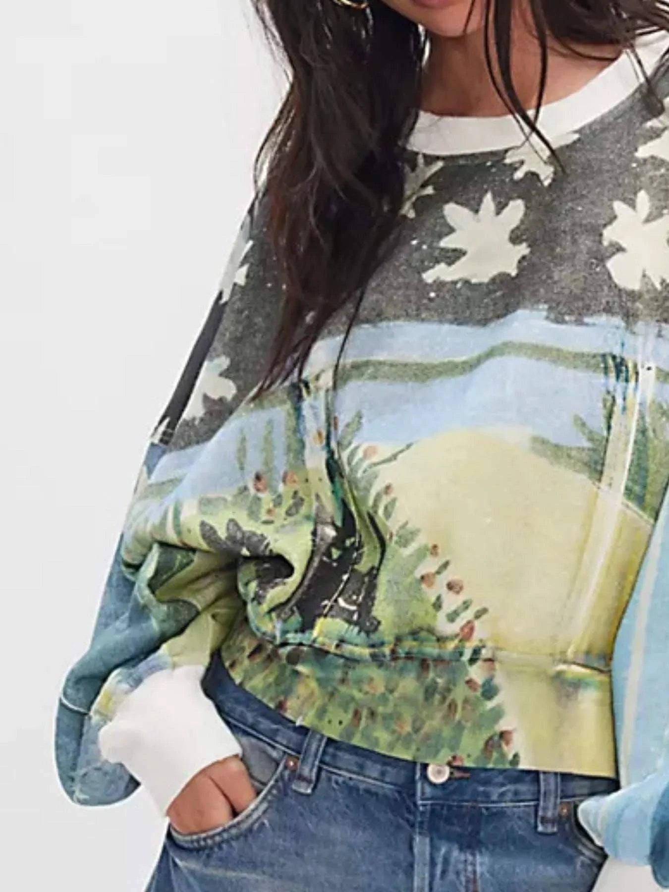 Printed Round Neck Dropped Shoulder Sweatshirt - Rosey's Creations