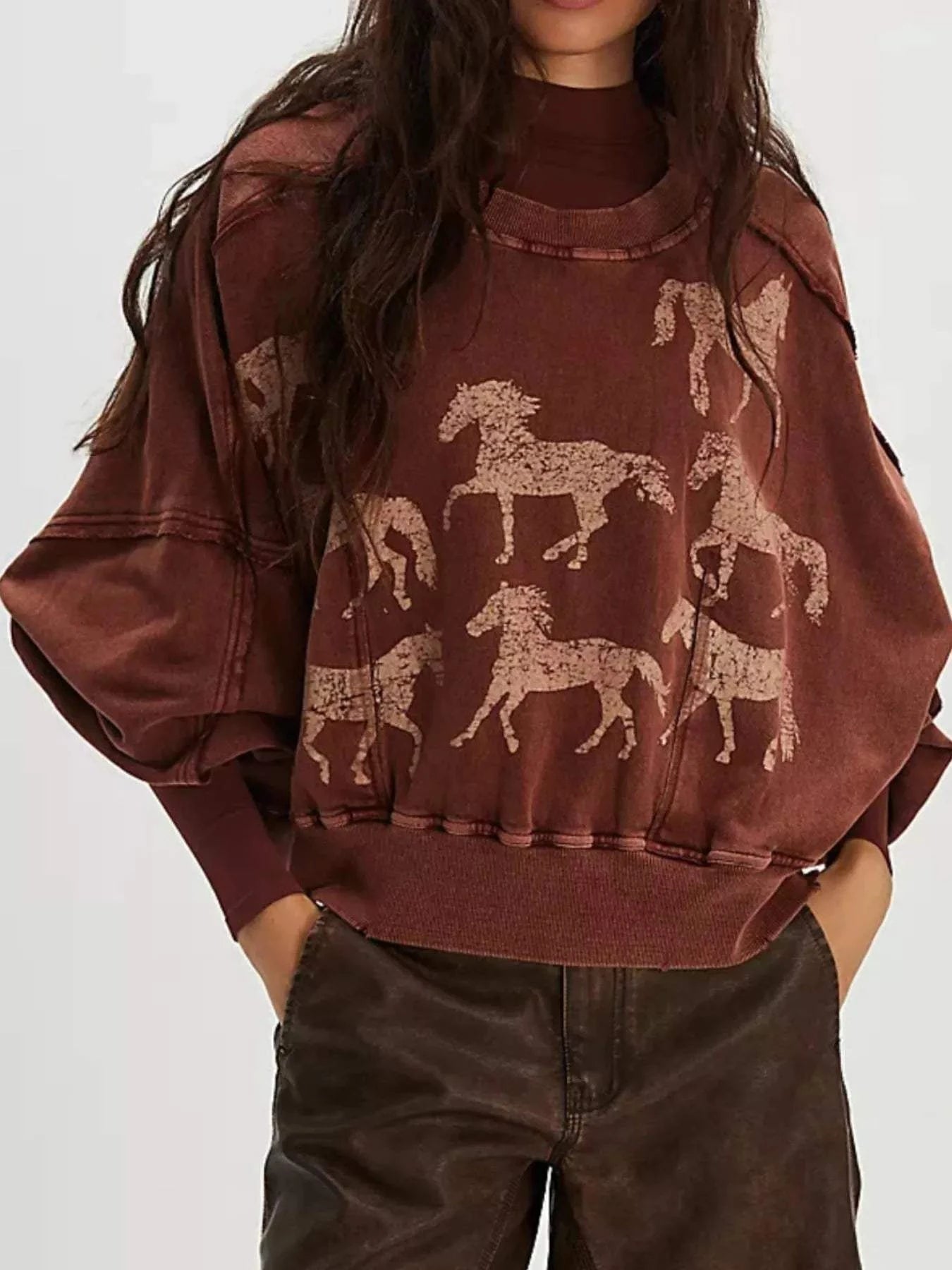 Printed Round Neck Dropped Shoulder Sweatshirt - Rosey's Creations