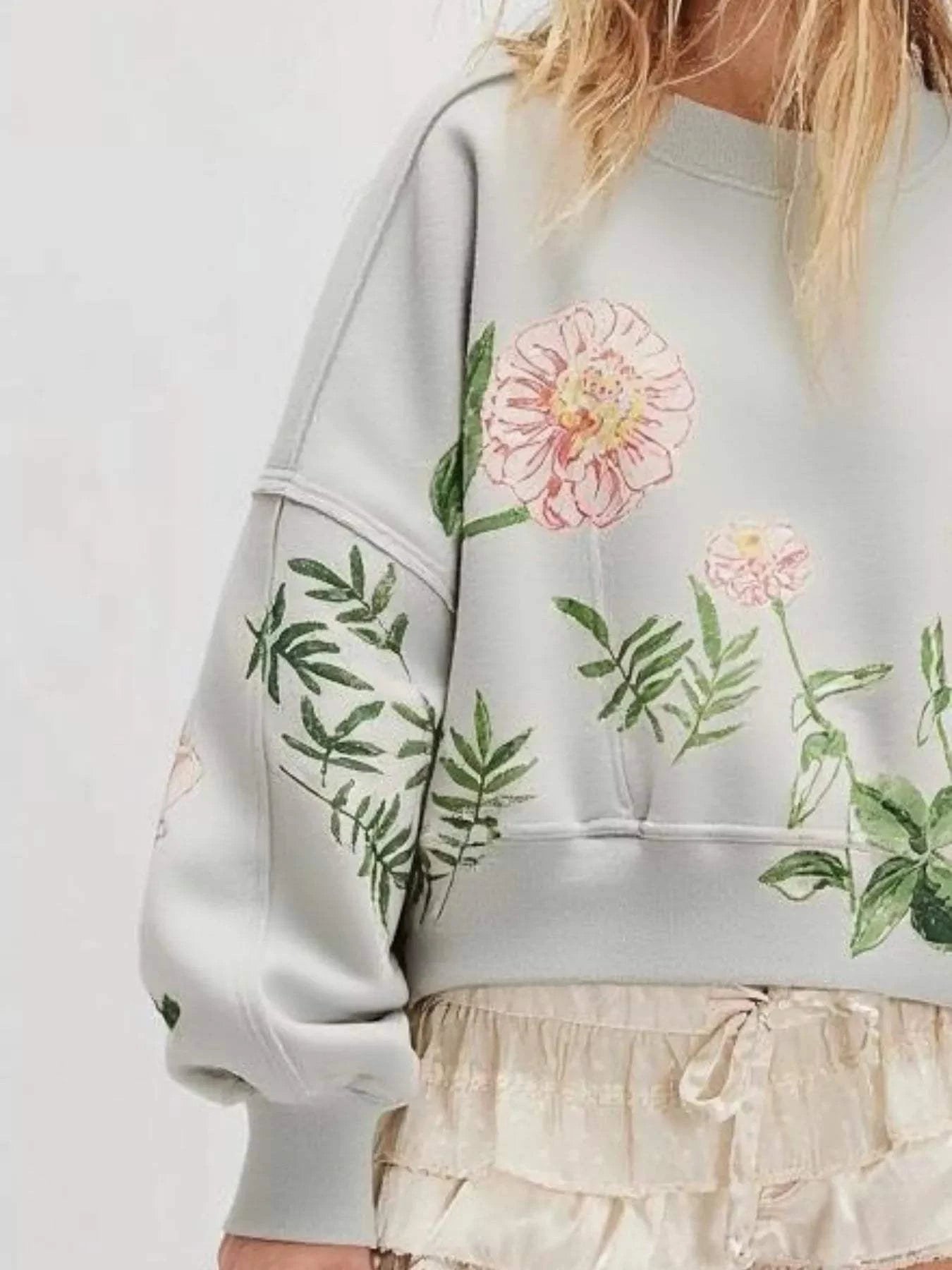 Printed Round Neck Dropped Shoulder Sweatshirt - Rosey's Creations