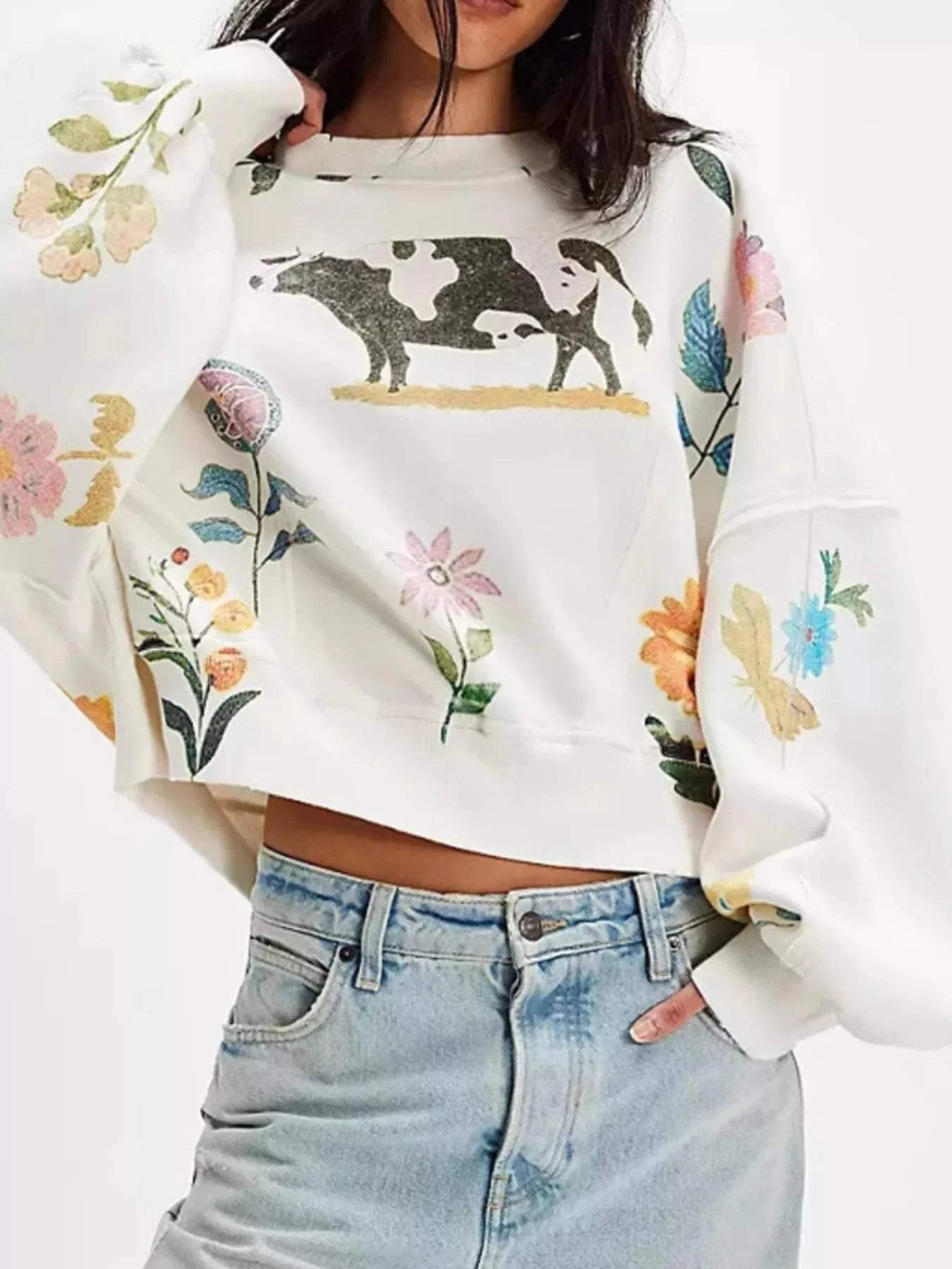 Printed Round Neck Dropped Shoulder Sweatshirt - Rosey's Creations