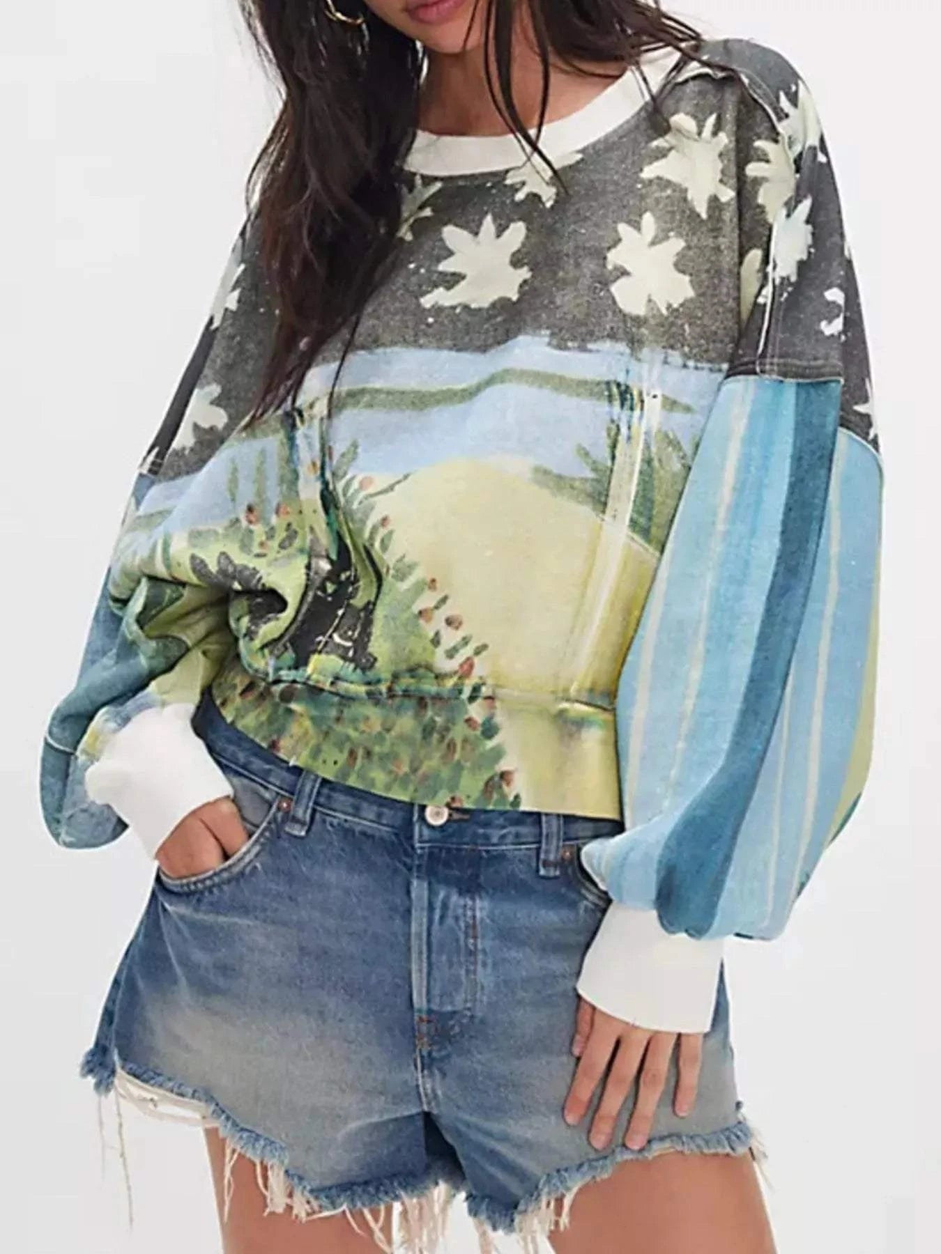 Printed Round Neck Dropped Shoulder Sweatshirt - Rosey's Creations