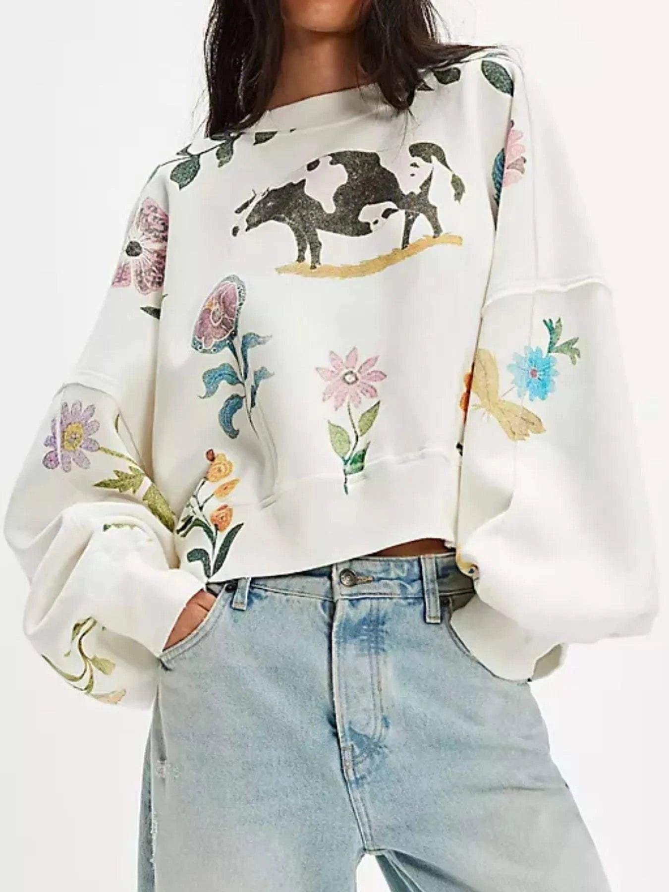 Printed Round Neck Dropped Shoulder Sweatshirt - Rosey's Creations