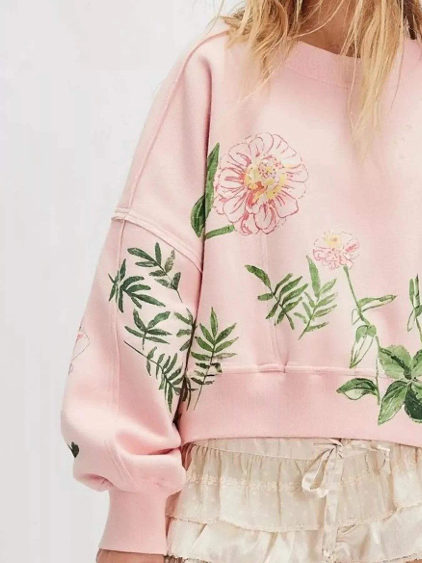 Printed Round Neck Dropped Shoulder Sweatshirt - Rosey's Creations