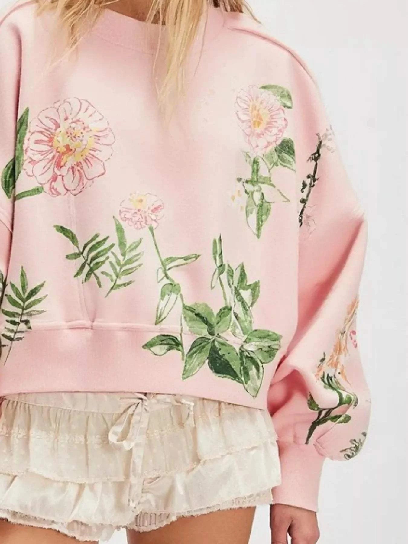 Printed Round Neck Dropped Shoulder Sweatshirt - Rosey's Creations