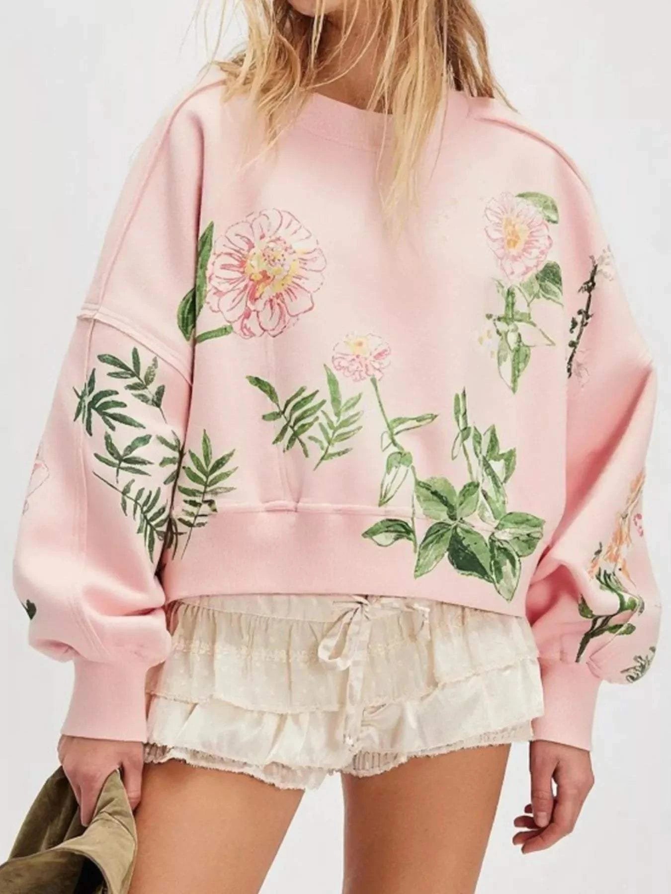 Printed Round Neck Dropped Shoulder Sweatshirt - Rosey's Creations