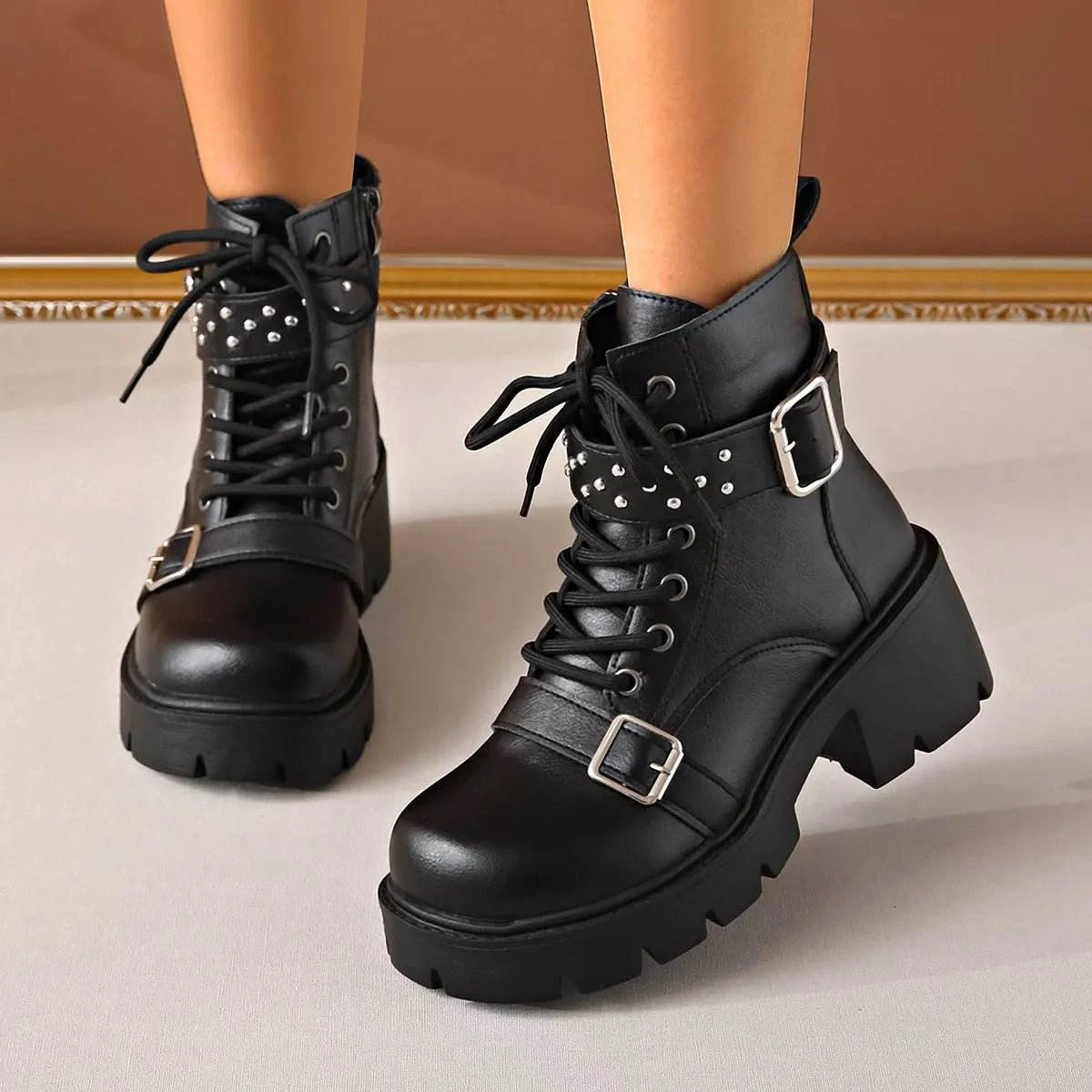 Round Toe Block Heels Boots - Rosey's Creations