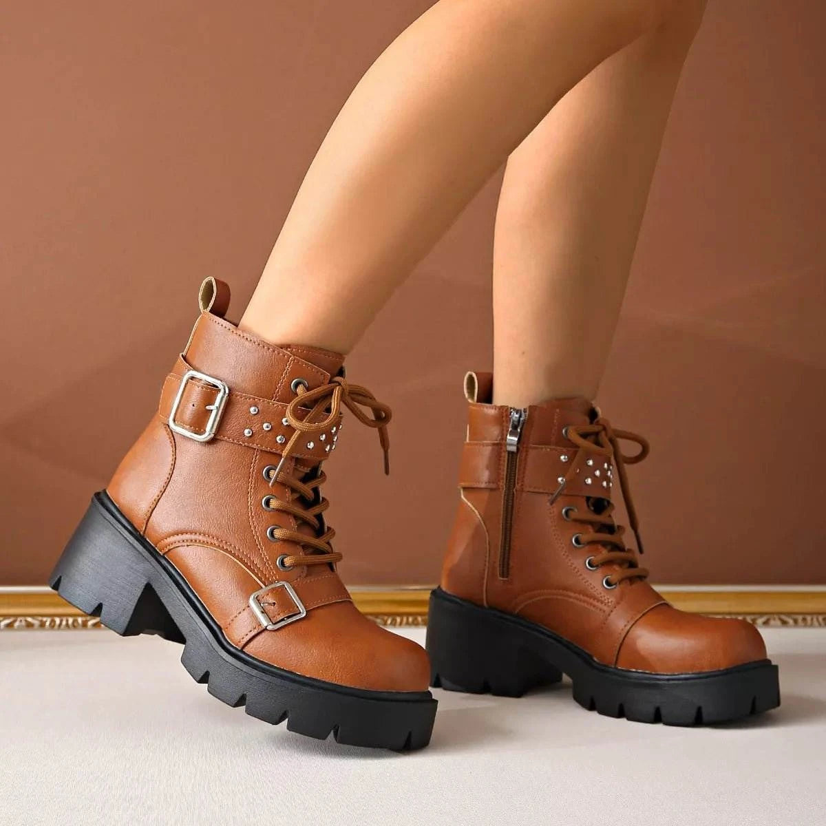 Round Toe Block Heels Boots - Rosey's Creations