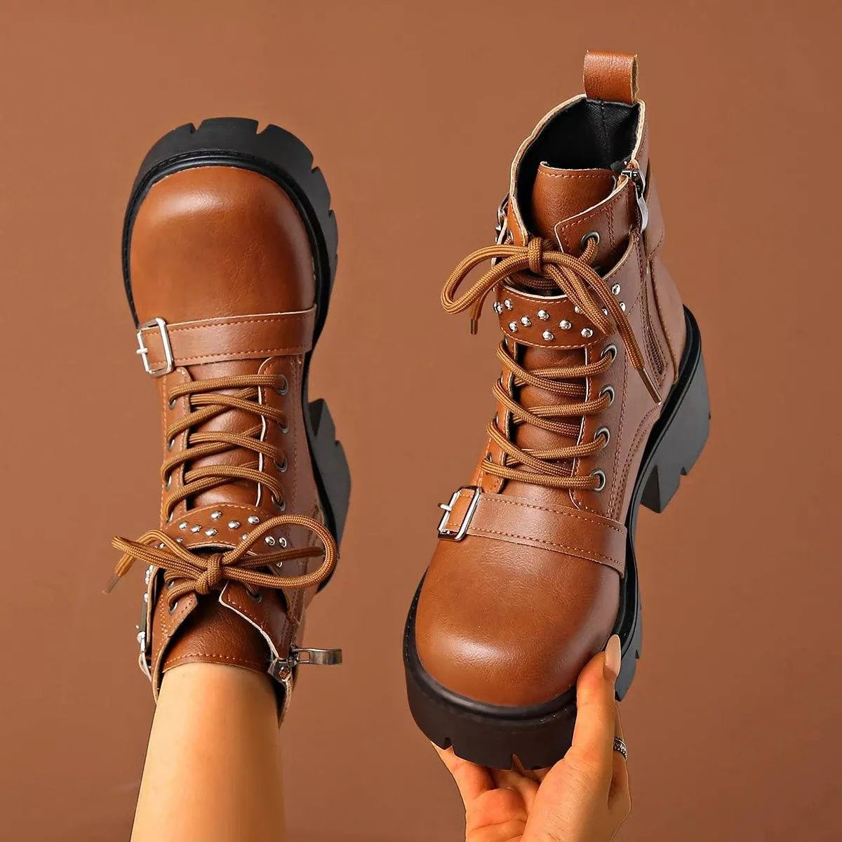 Round Toe Block Heels Boots - Rosey's Creations