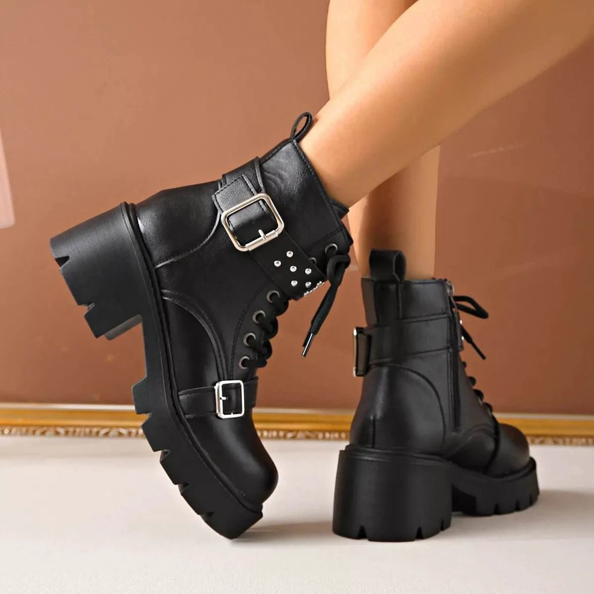 Round Toe Block Heels Boots - Rosey's Creations