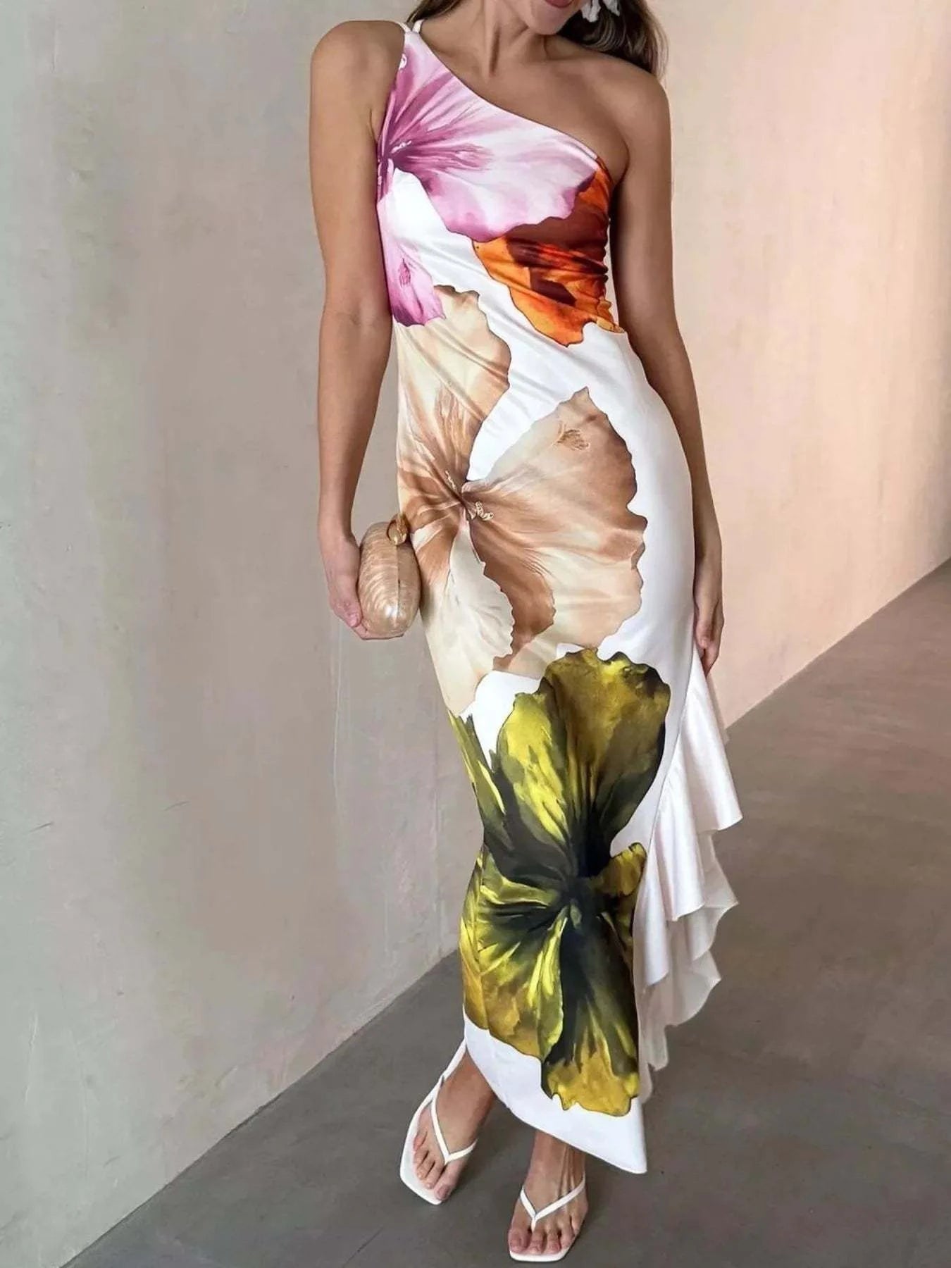 Ruffled Printed Single Shoulder Dress.
