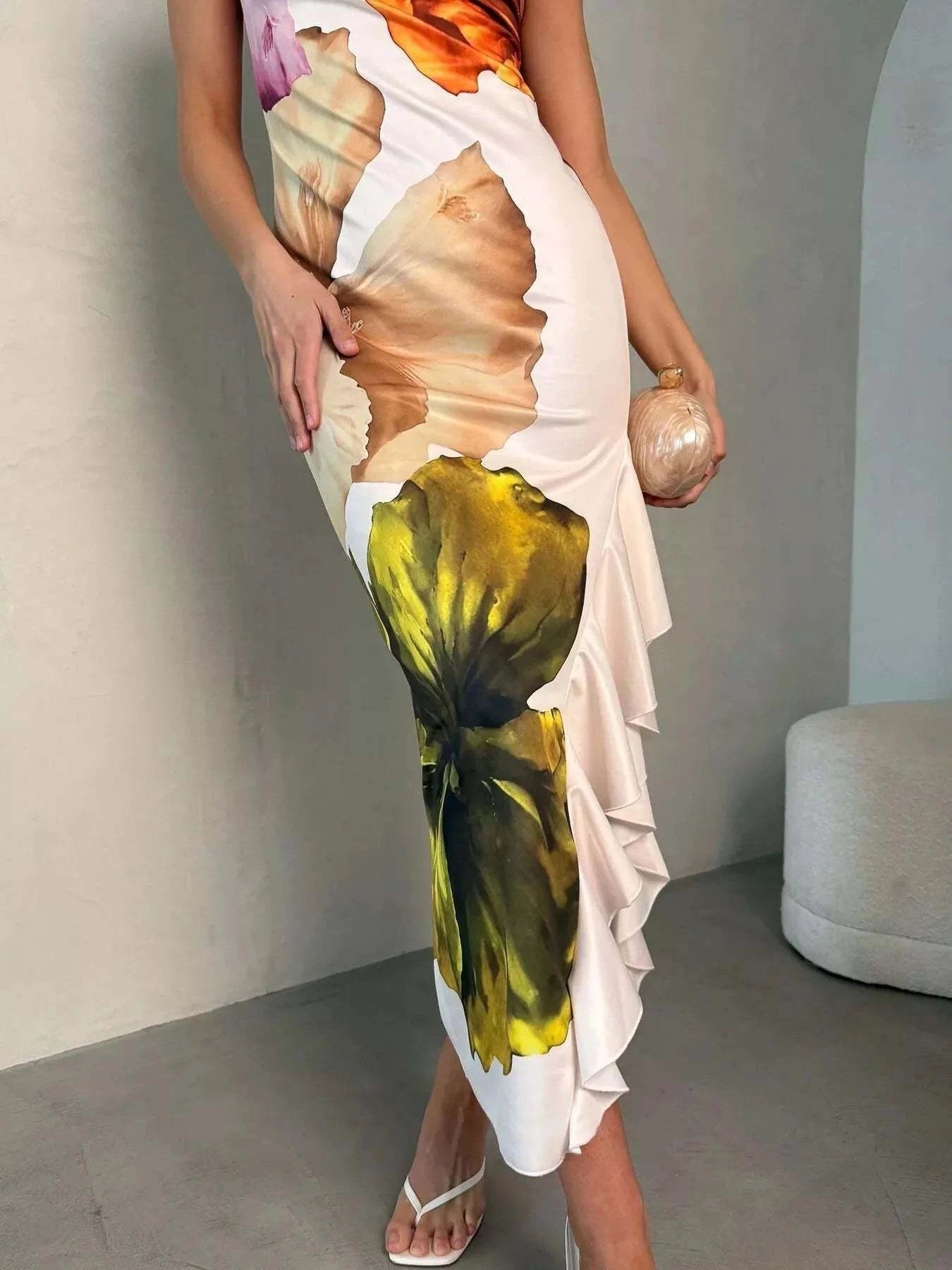 Ruffled Printed Single Shoulder Dress.
