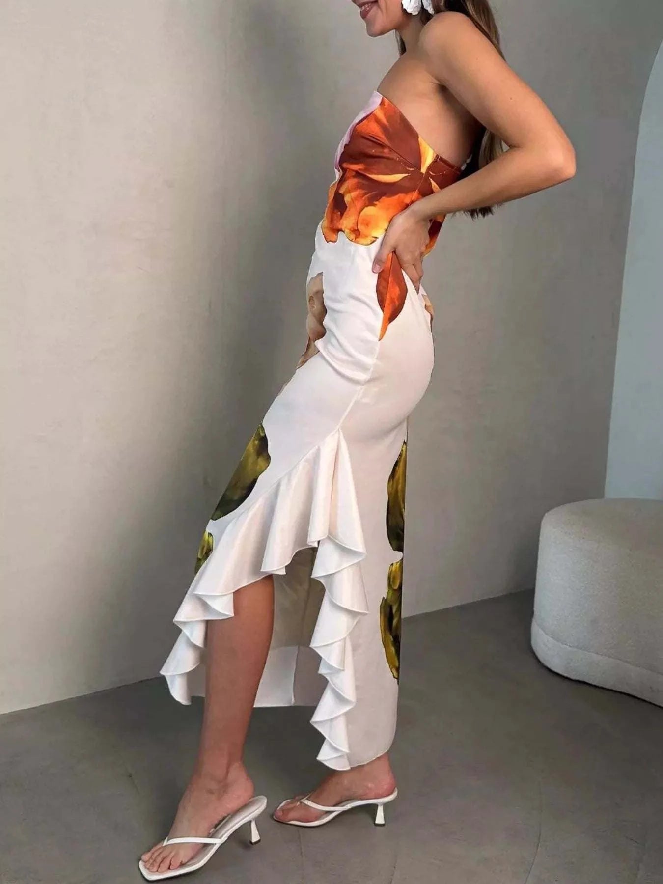 Ruffled Printed Single Shoulder Dress.