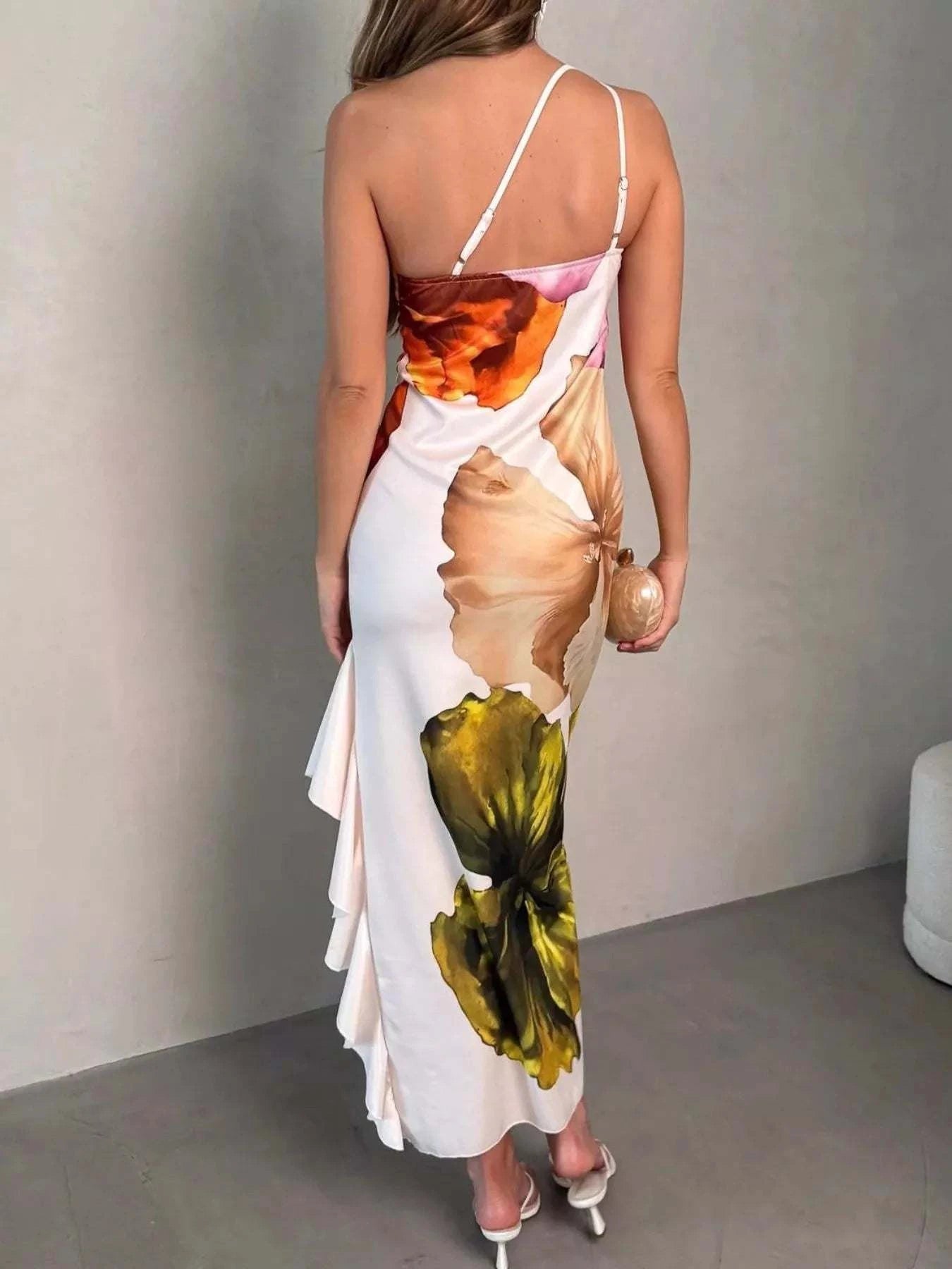 Ruffled Printed Single Shoulder Dress.