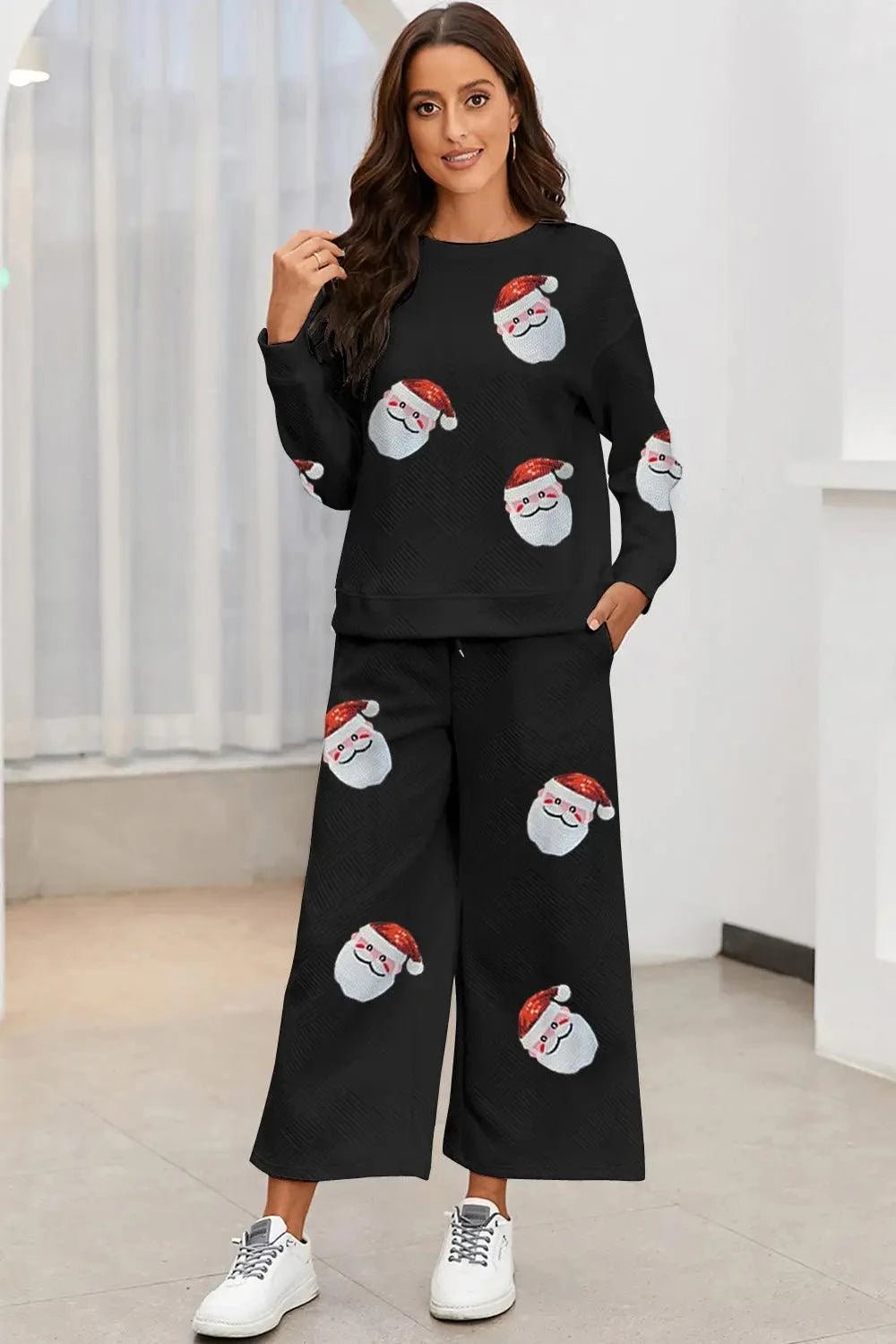Santa Sequin Round Neck Top and Pants Set.
