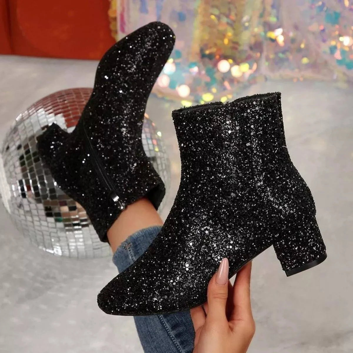 Sequin Block Heels Boots - Rosey's Creations