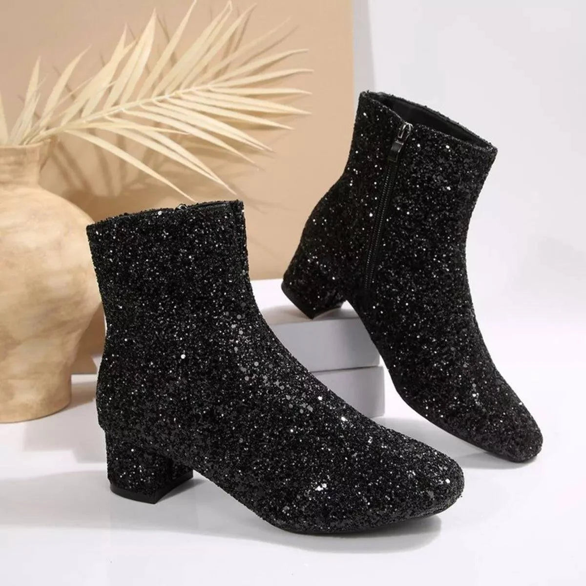 Sequin Block Heels Boots - Rosey's Creations