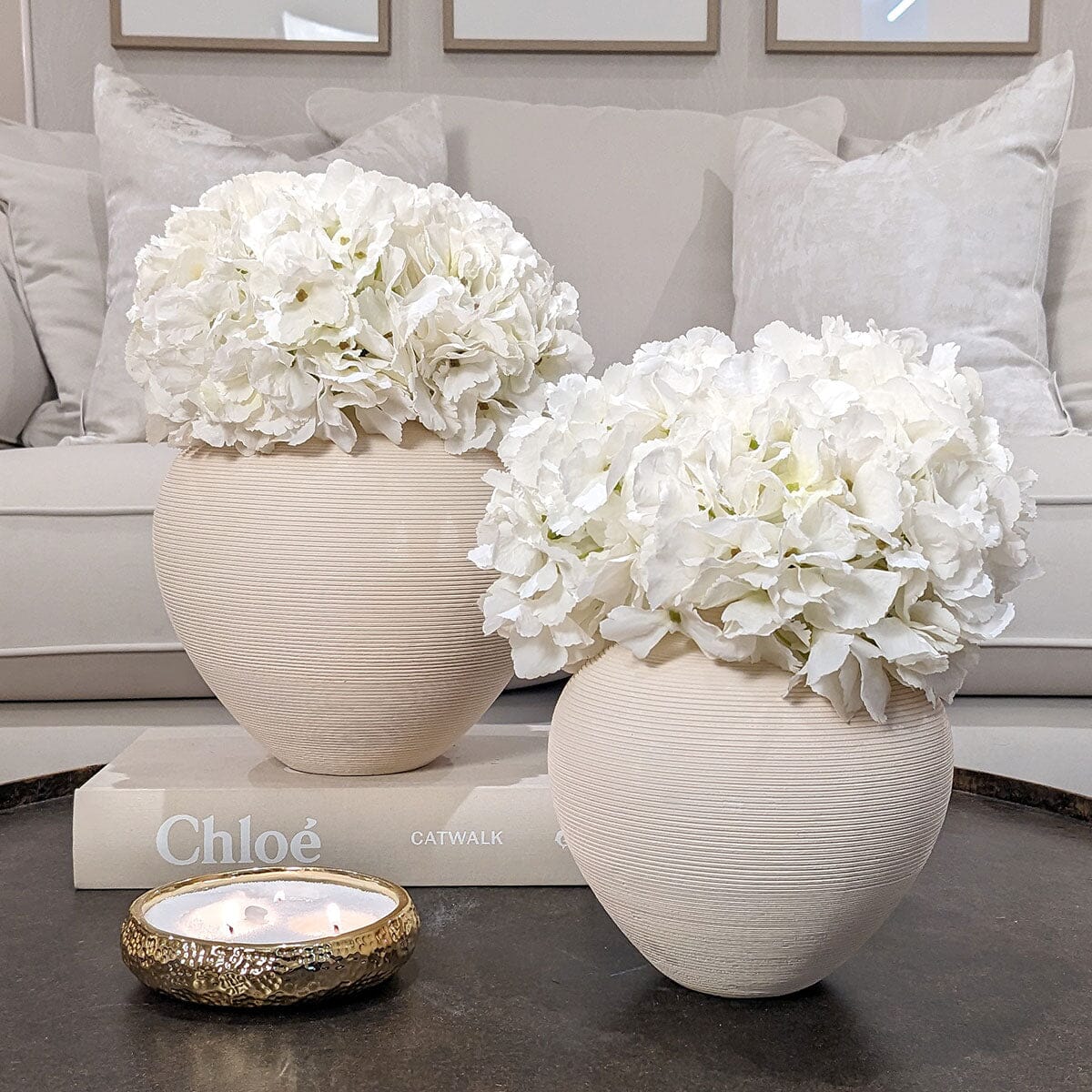 Solis Medium Rounded Stone Ceramic Neutral Vase.