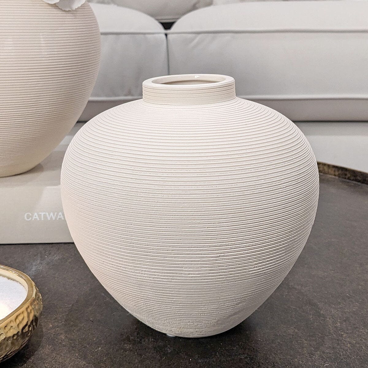 Solis Medium Rounded Stone Ceramic Neutral Vase.