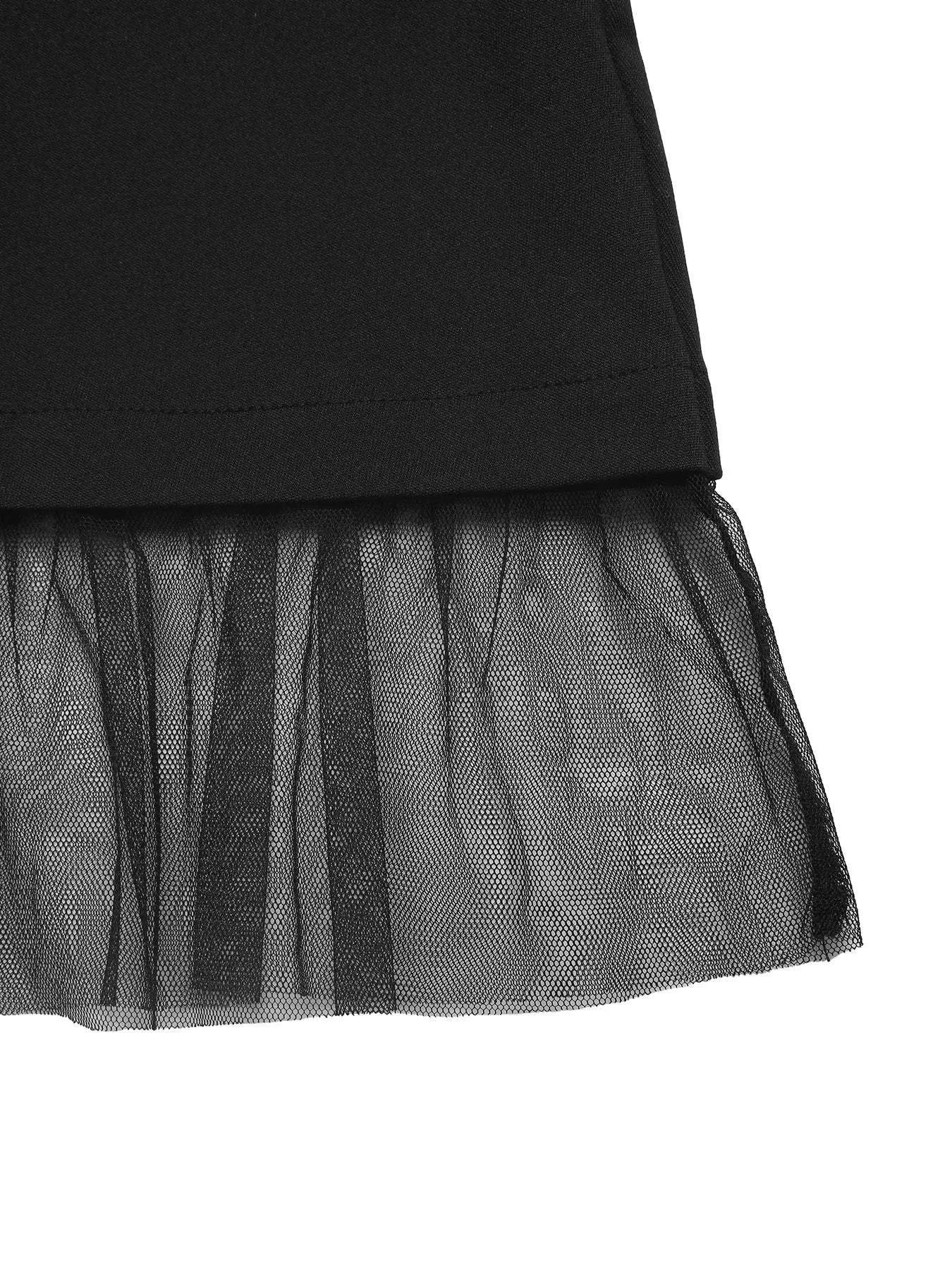 Square Neck Puff Sleeve Mesh Hem Dress.