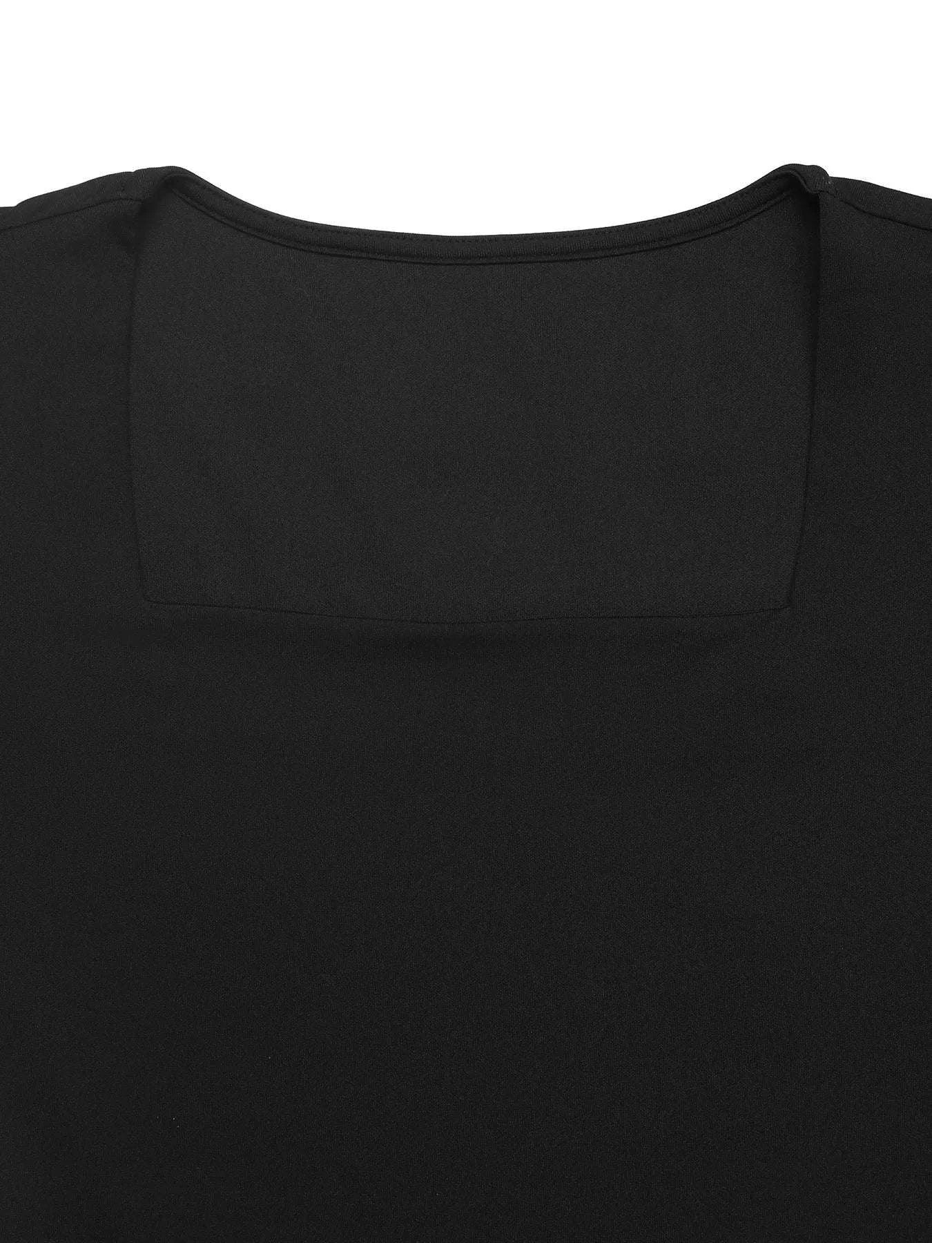 Square Neck Puff Sleeve Mesh Hem Dress.