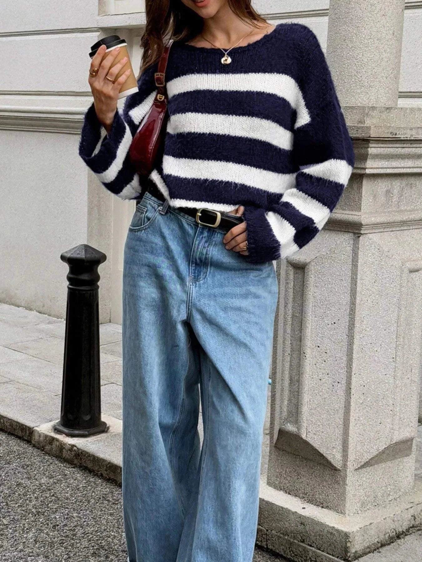 Striped Knit Round Neck Sweater.