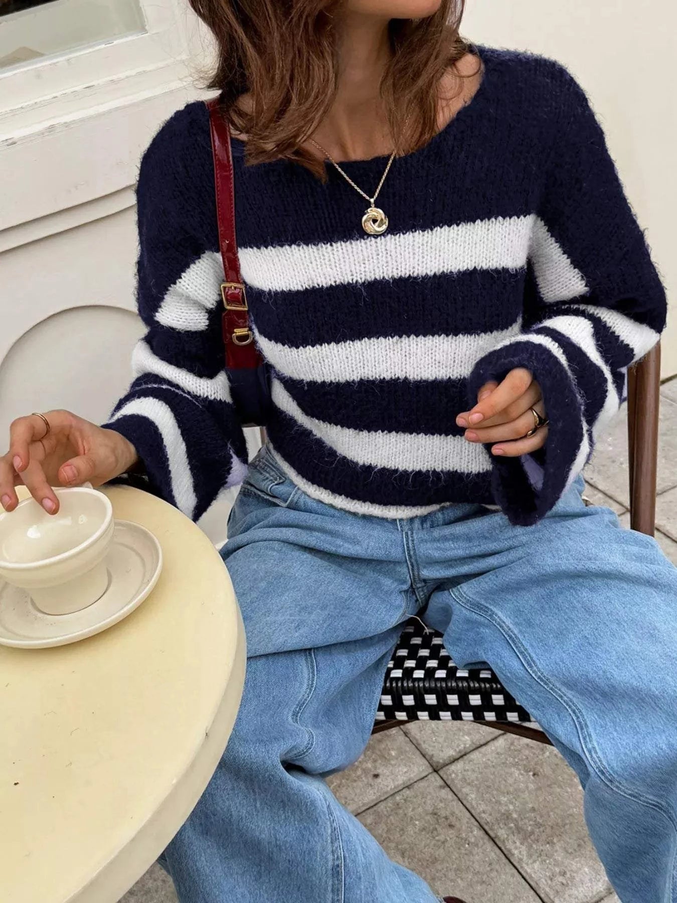 Striped Knit Round Neck Sweater.