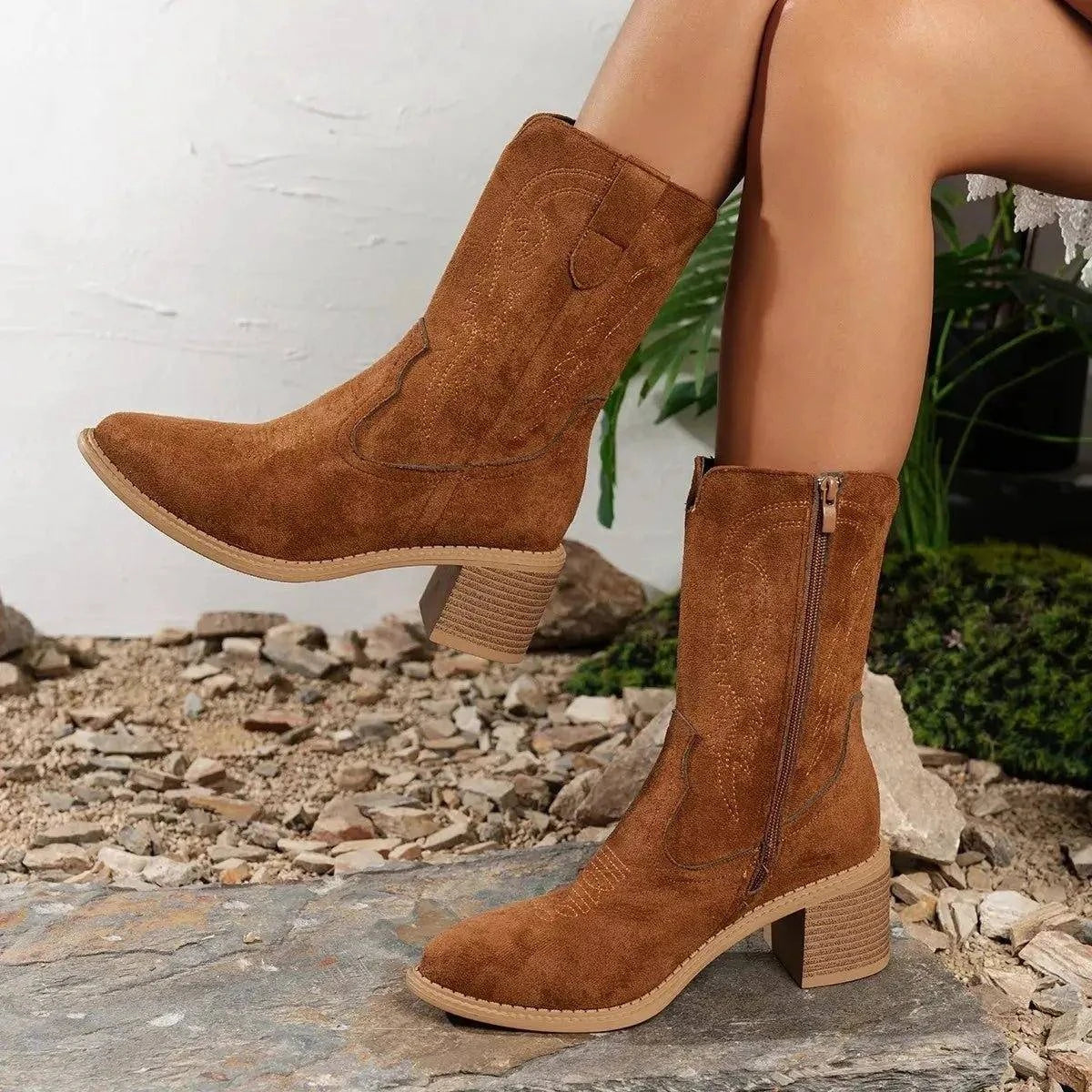 Suede Block Heel Western Boots - Rosey's Creations